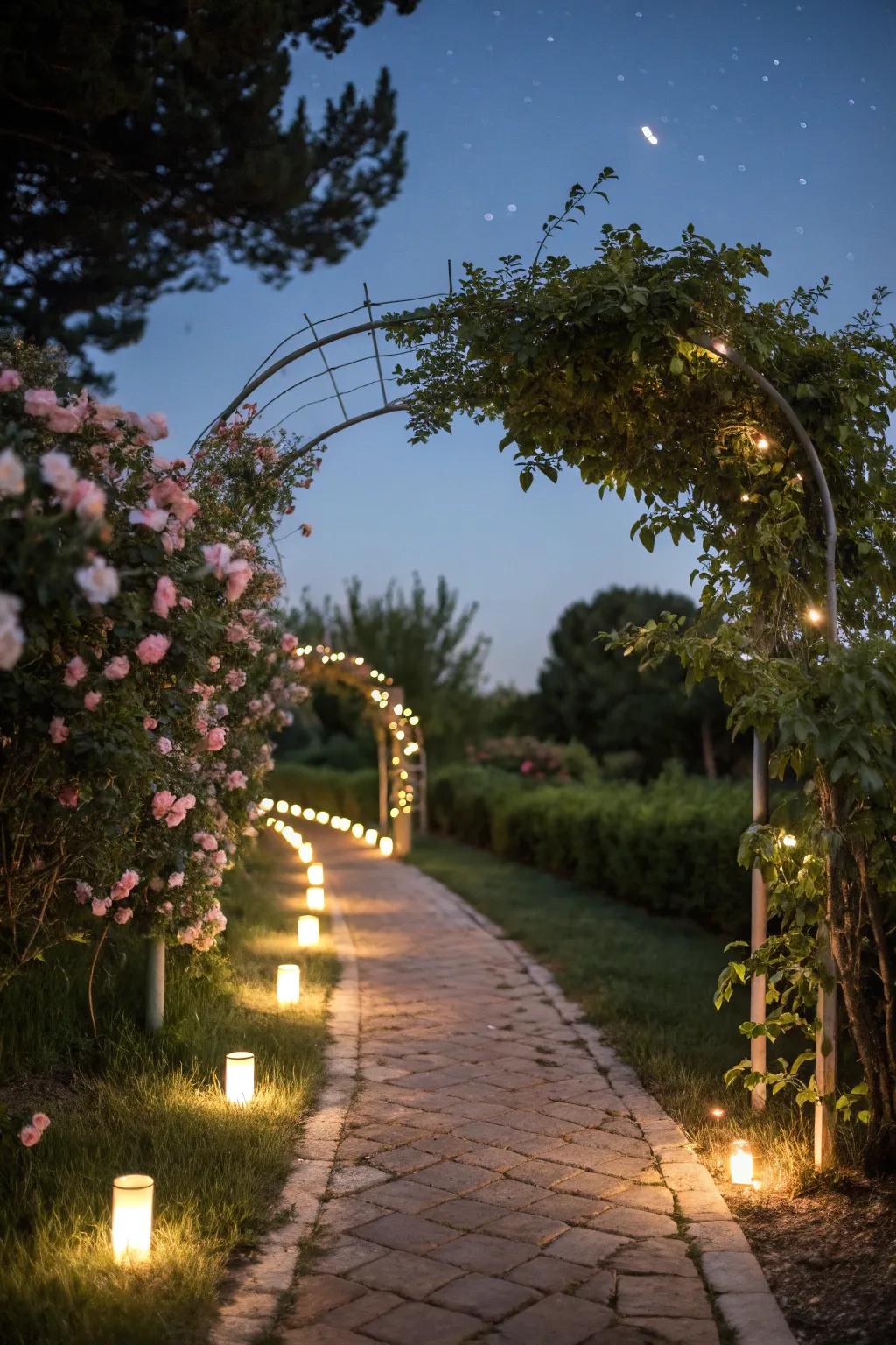 Outdoor illumination elevates the garden's nocturnal ambiance.