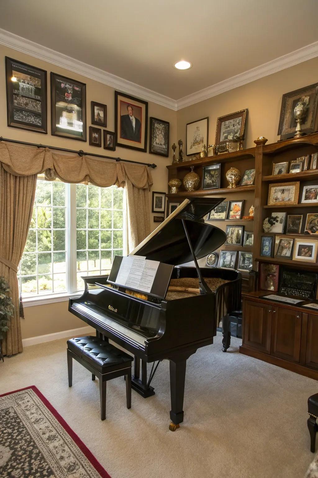 Personal touches create a loved and lived-in music space.