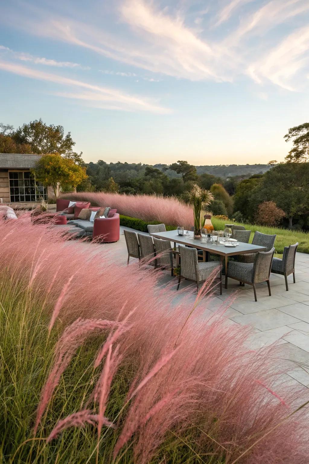Set the stage for gatherings with pink muhly grass.