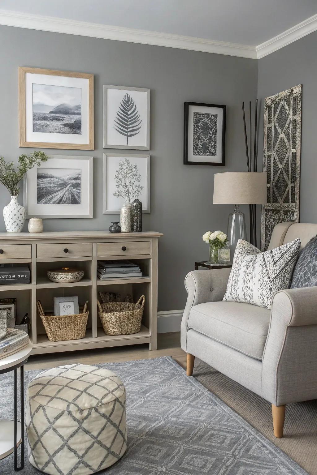 Greyscale art enhances monochrome appeal.