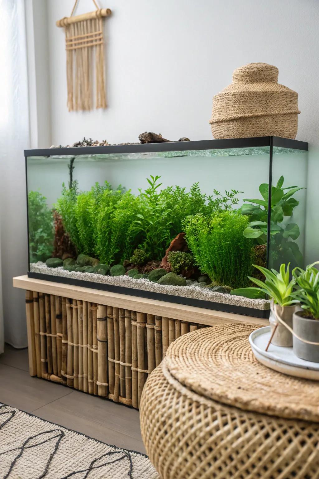Transform your goldfish tank with a lush, green plant fence for a touch of minimalist elegance and natural beauty.