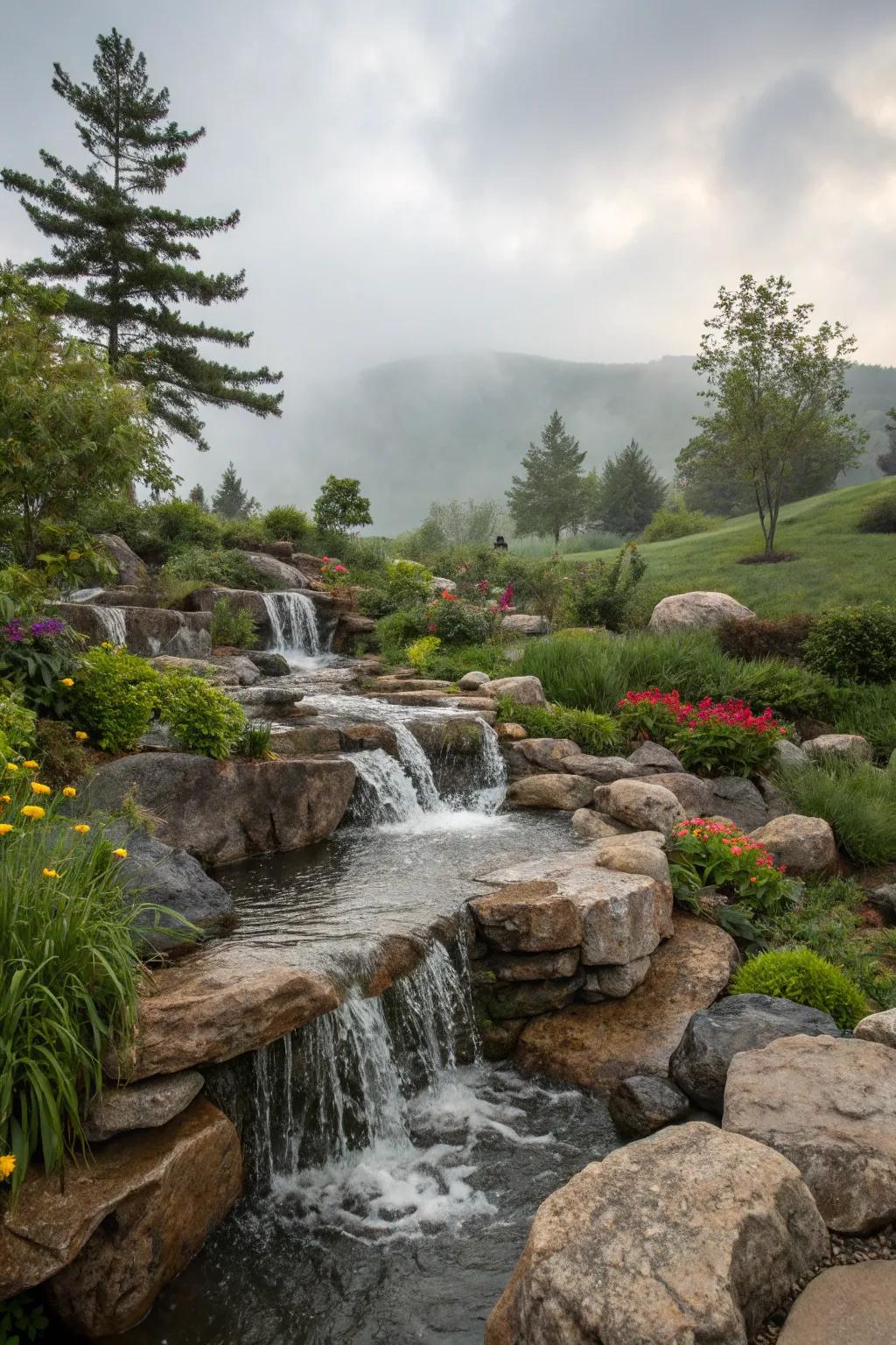 Cascading water rills adding dynamic beauty to a garden.
