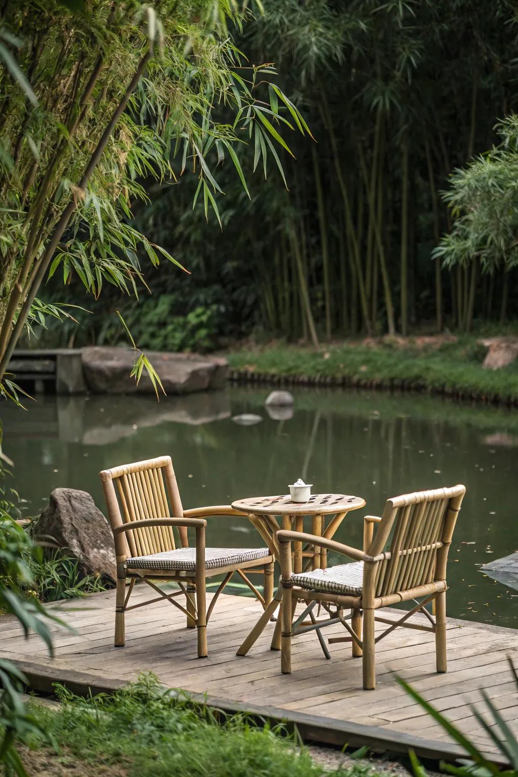 Bamboo seating adds an exotic and sustainable touch to the pond area.