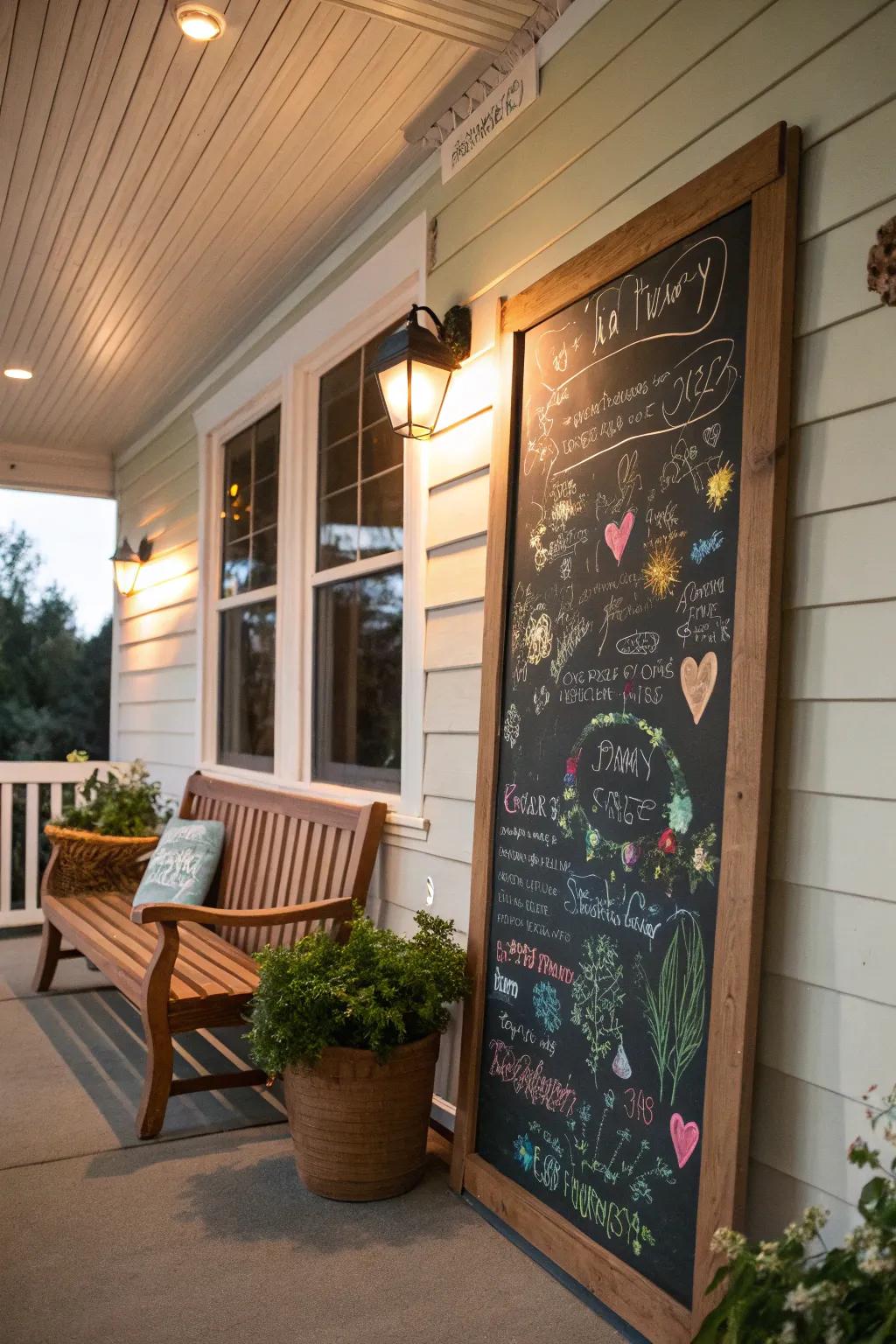 An interactive chalkboard adds a personal touch to the porch.