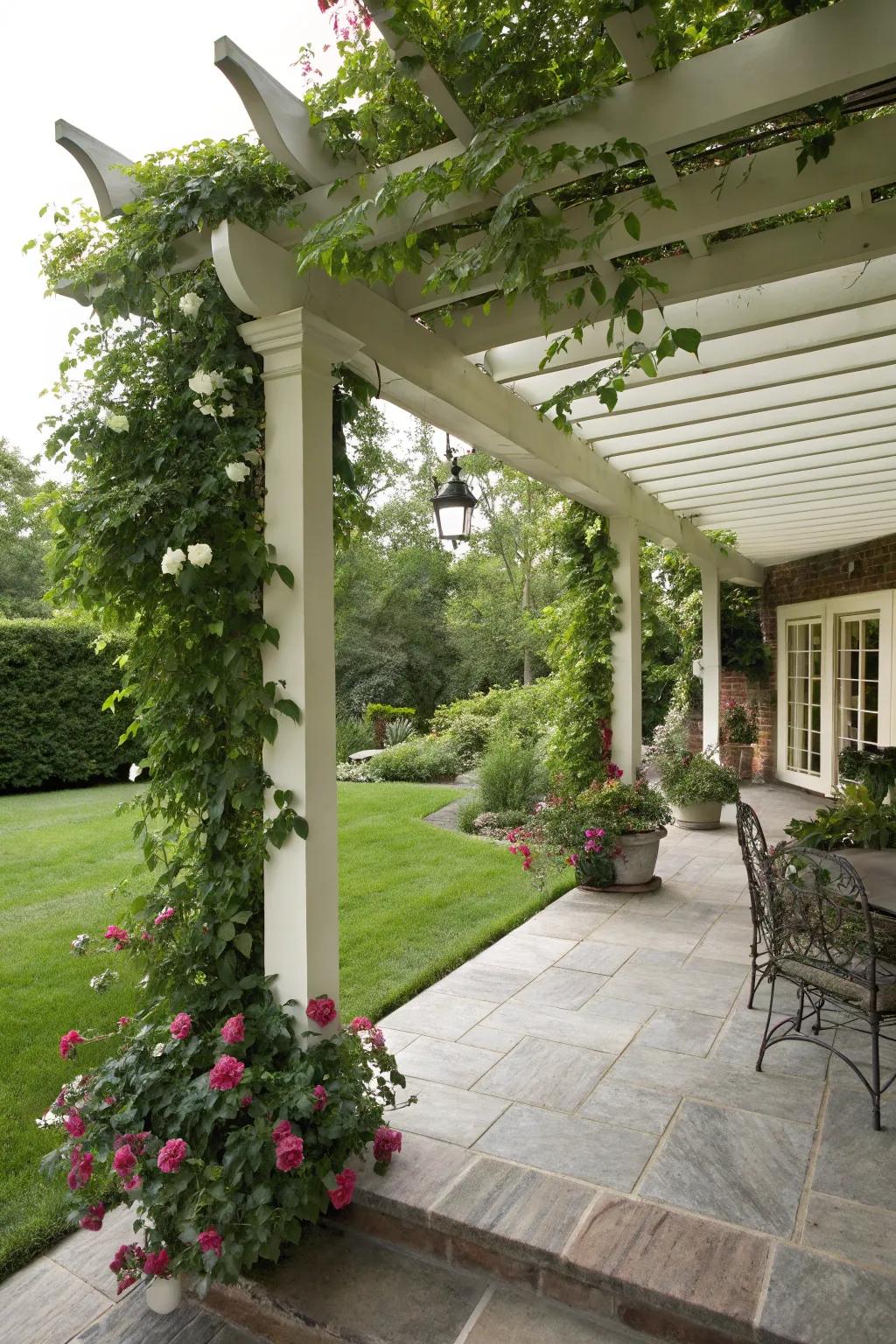 A porch extension with a chic pergola and climbing plants.