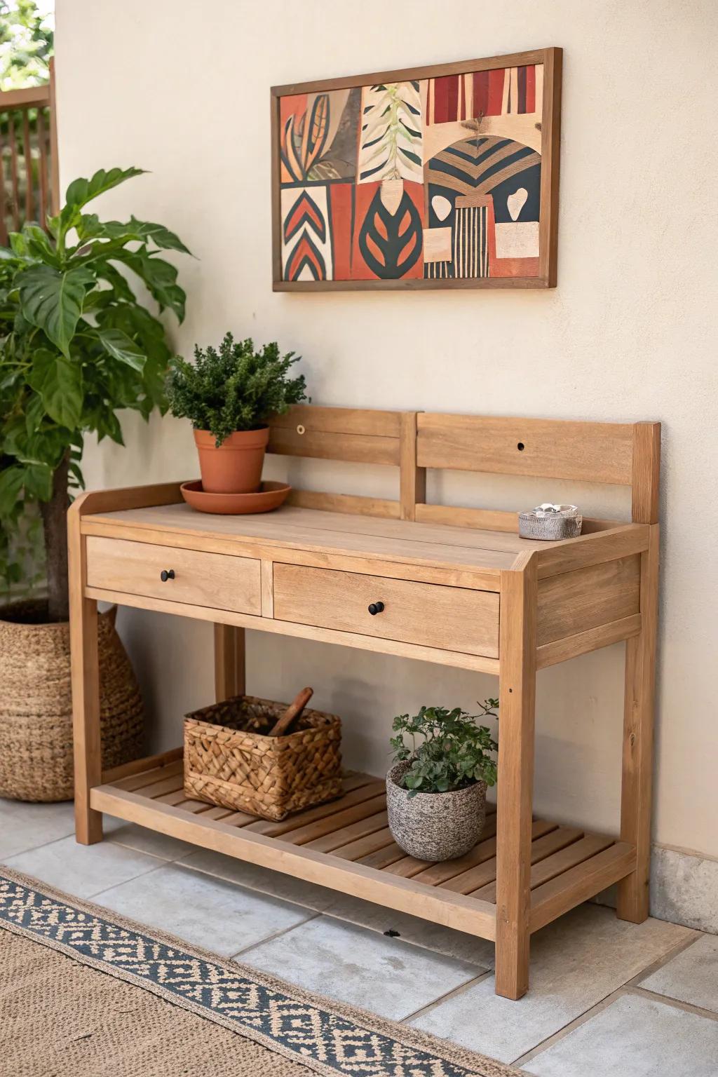 Transform your potting bench into a serene workspace with a touch of art and greenery. #ScandinavianStyle #MinimalistBoho