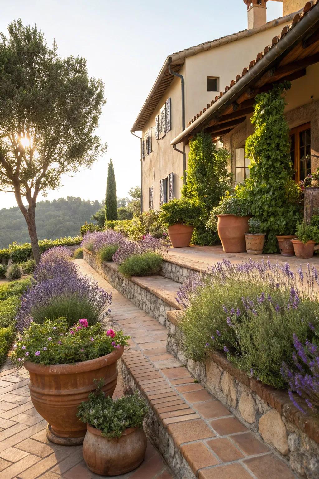 Baked clay and lavender exude Mediterranean warmth.