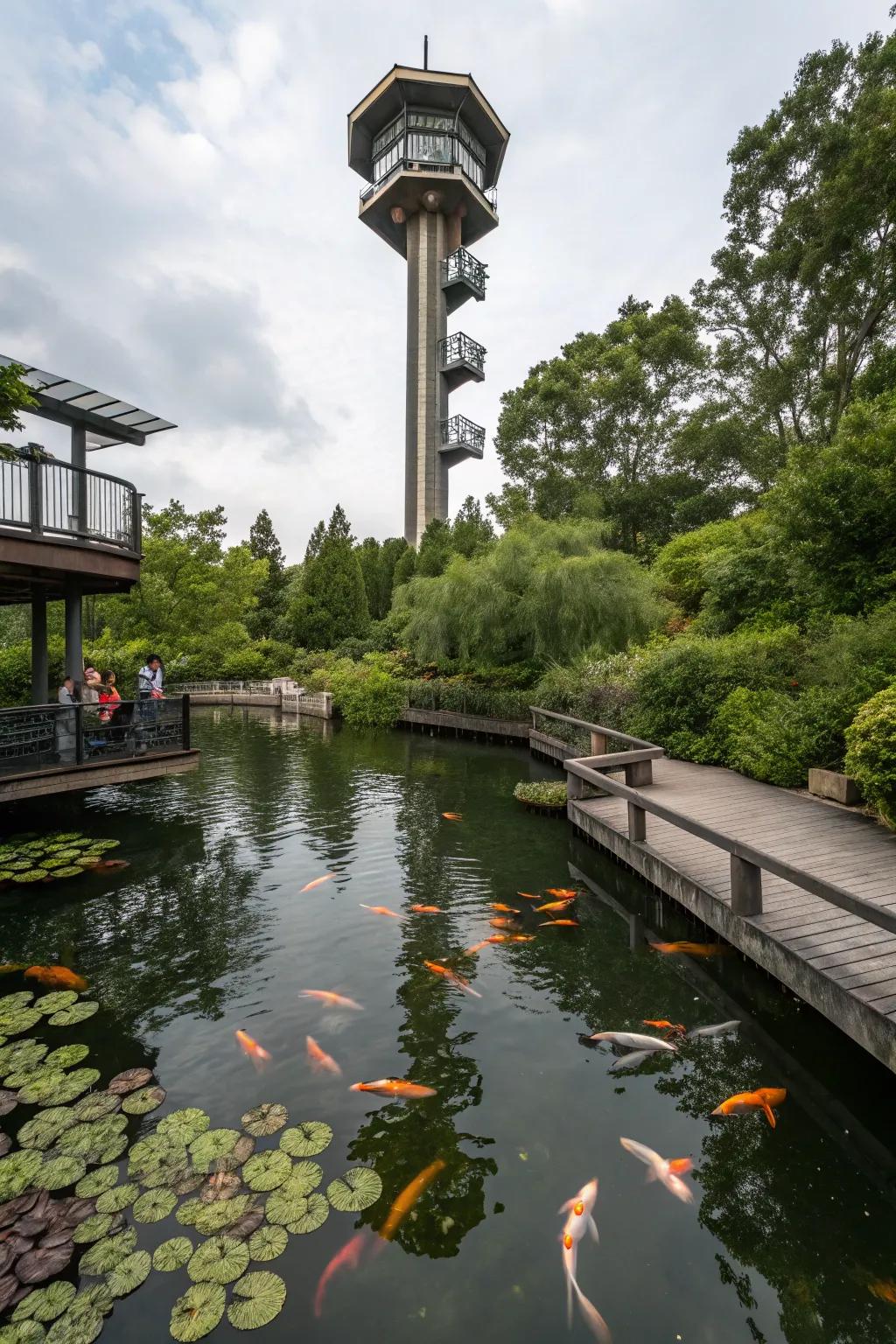 A whimsical survey pinnacle for koi pond viewing.