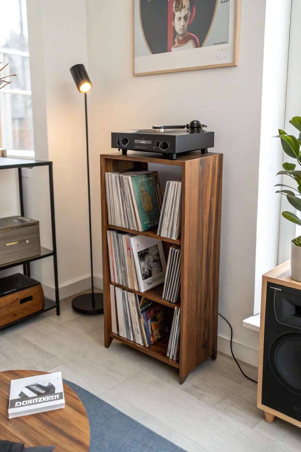 Space-saving vertical stand for a compact record player setup.
