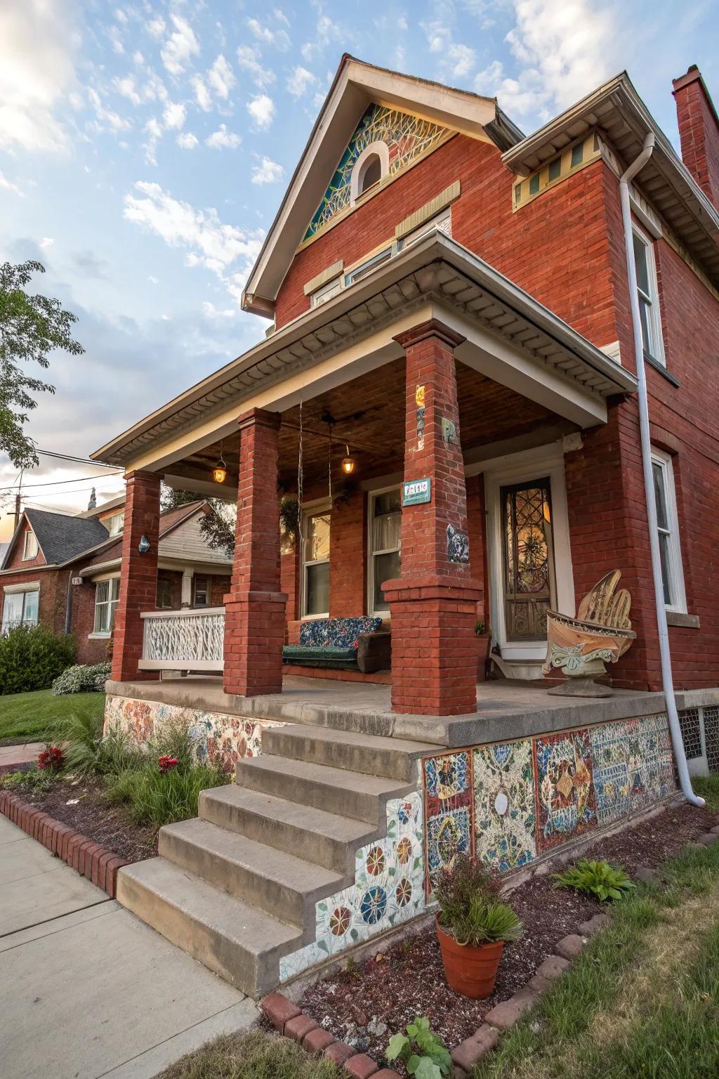 Unique mosaics add artistic flair to this red brick porch.