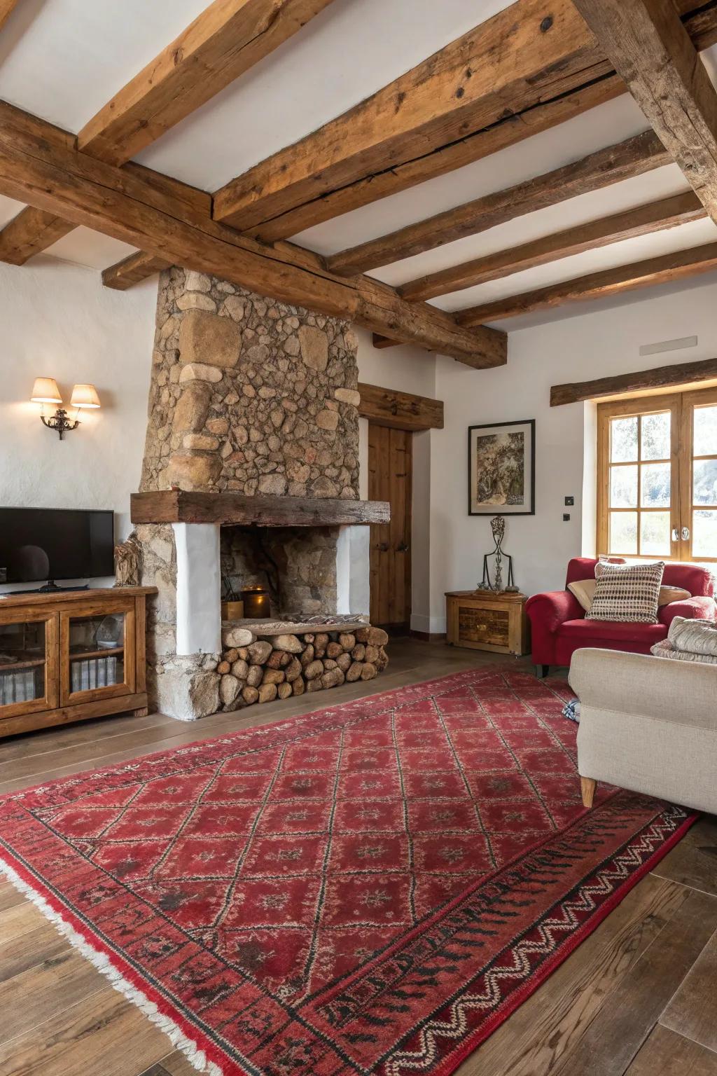 Rustic charm stands apart using a comfy crimson carpet and wood sounds.