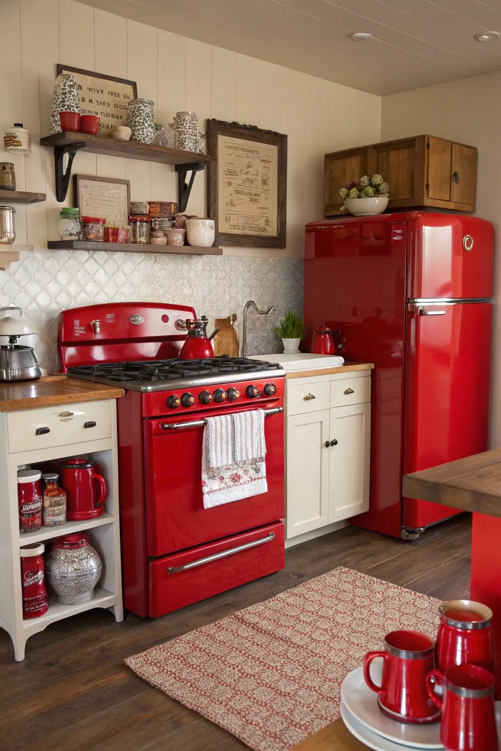 An eclectic mix of modern and vintage red elements unifies this lively kitchen.