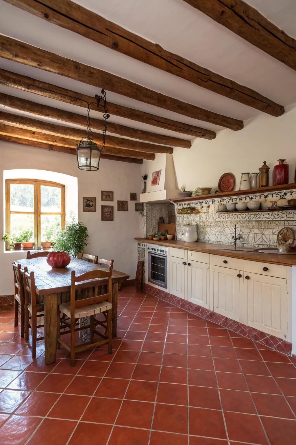 A kitchen with Spanish-style red tiles for warmth and charm.