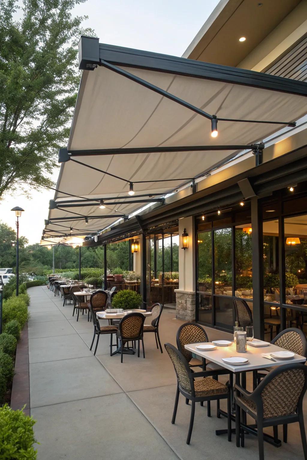 A restaurant patio with covered dining areas, ensuring comfort in any weather.