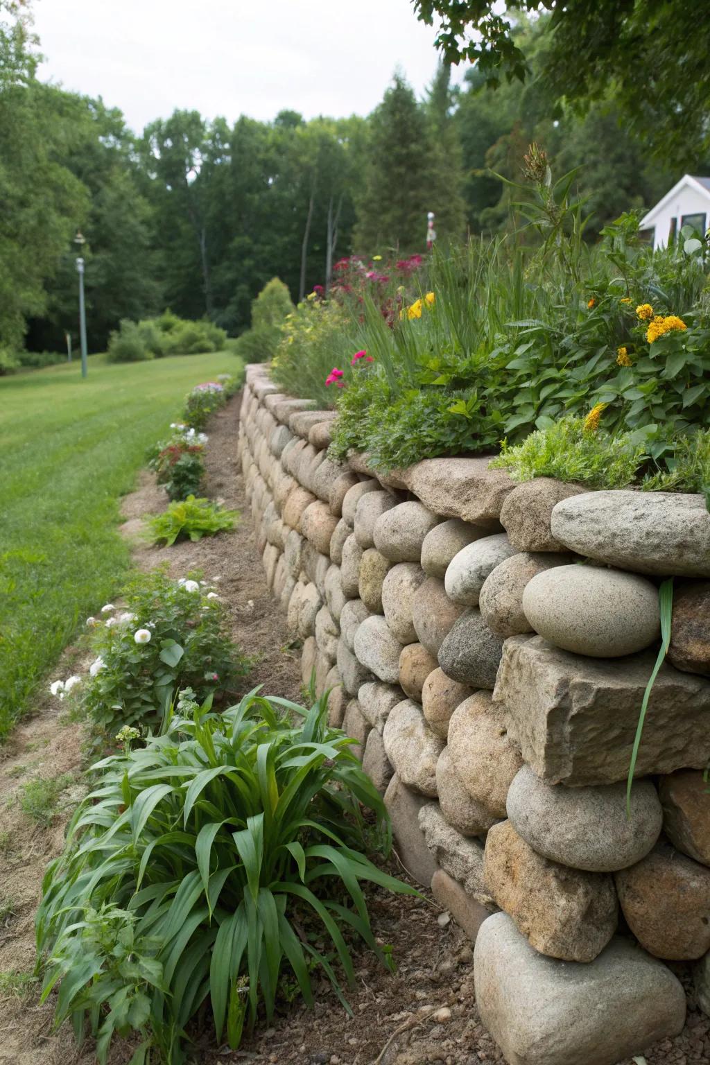 A stream stone support wall blends function with natural beauty within the garden.