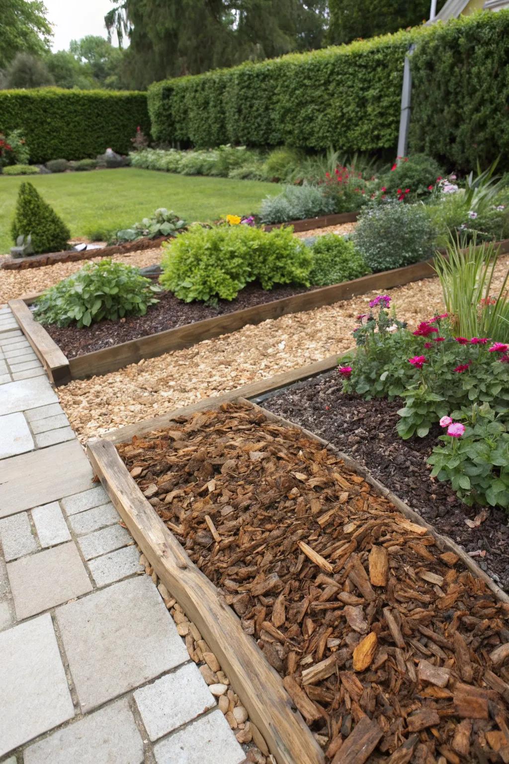 Different mulch types add texture and depth to the garden.