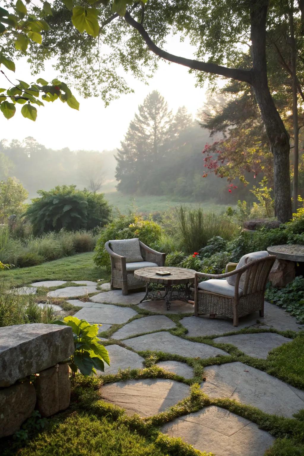 Stone lounging zones merge practicality with inherent beauty.