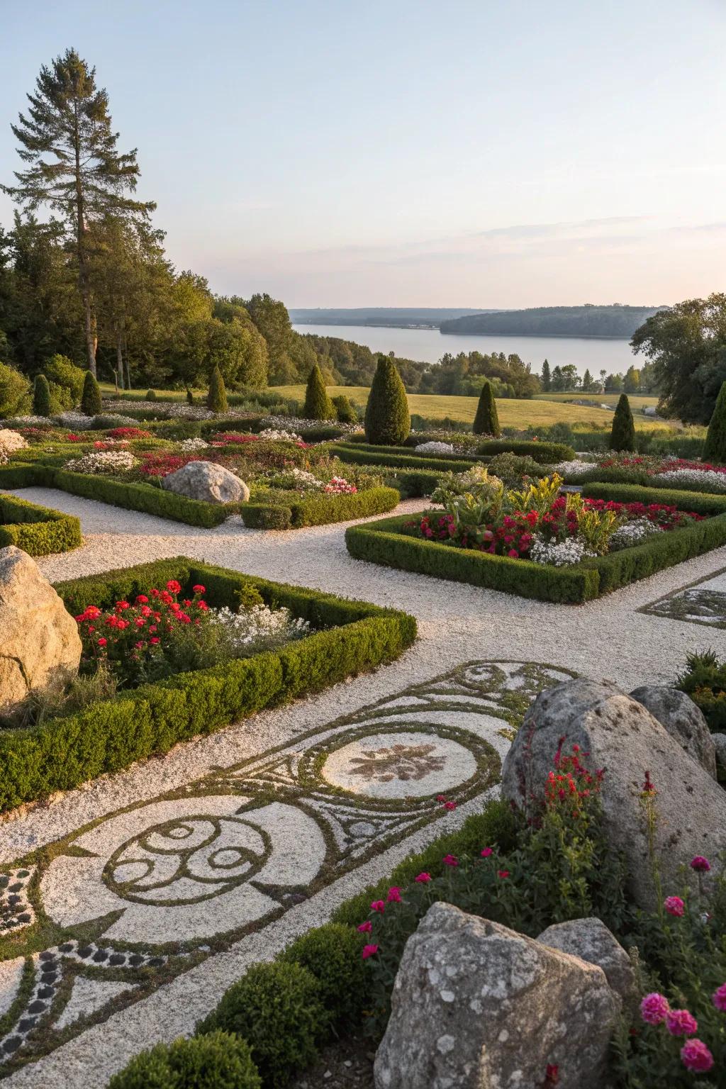 Geometric stone patterns bringing an artistic flair to the garden design.