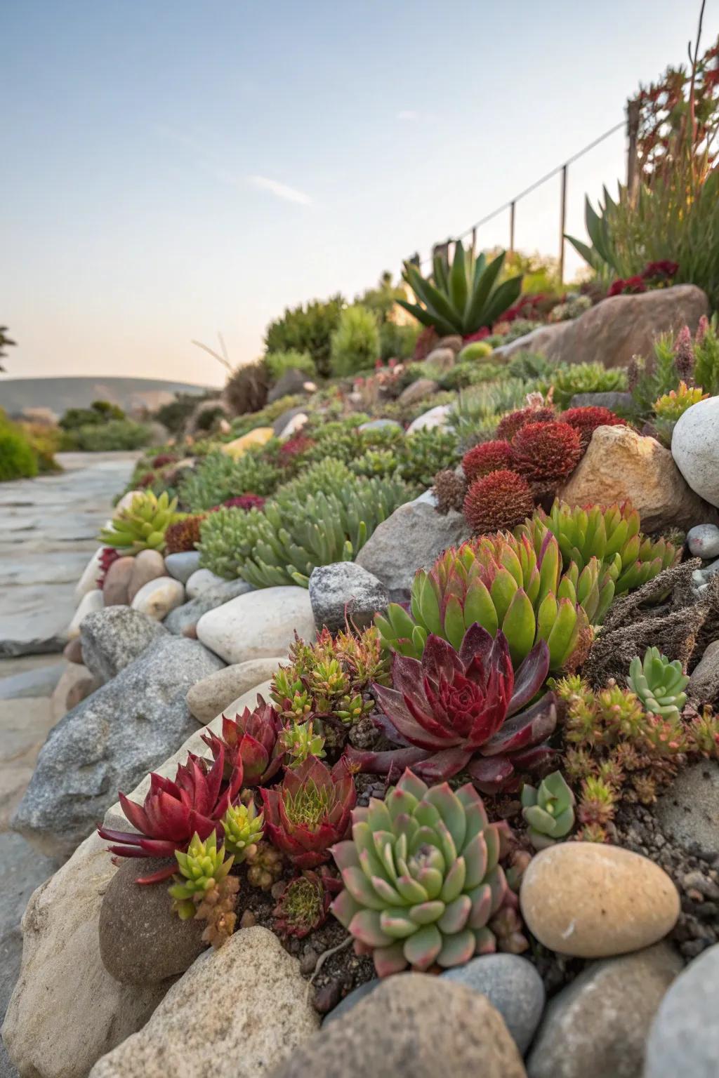 A mix of succulents that bring color to the rock garden.