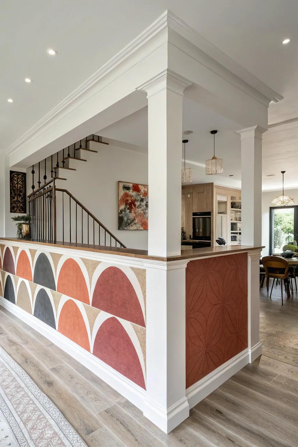 An interior with a half wall designed with vibrant, unconventional shapes as a striking focal point.