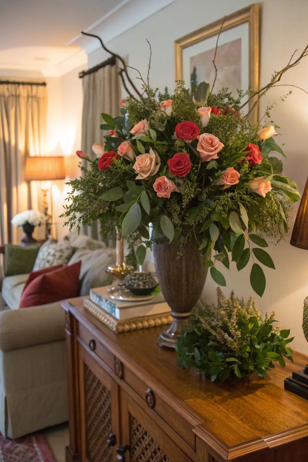 Lush and voluminous by way of tiered roses plus verdure.