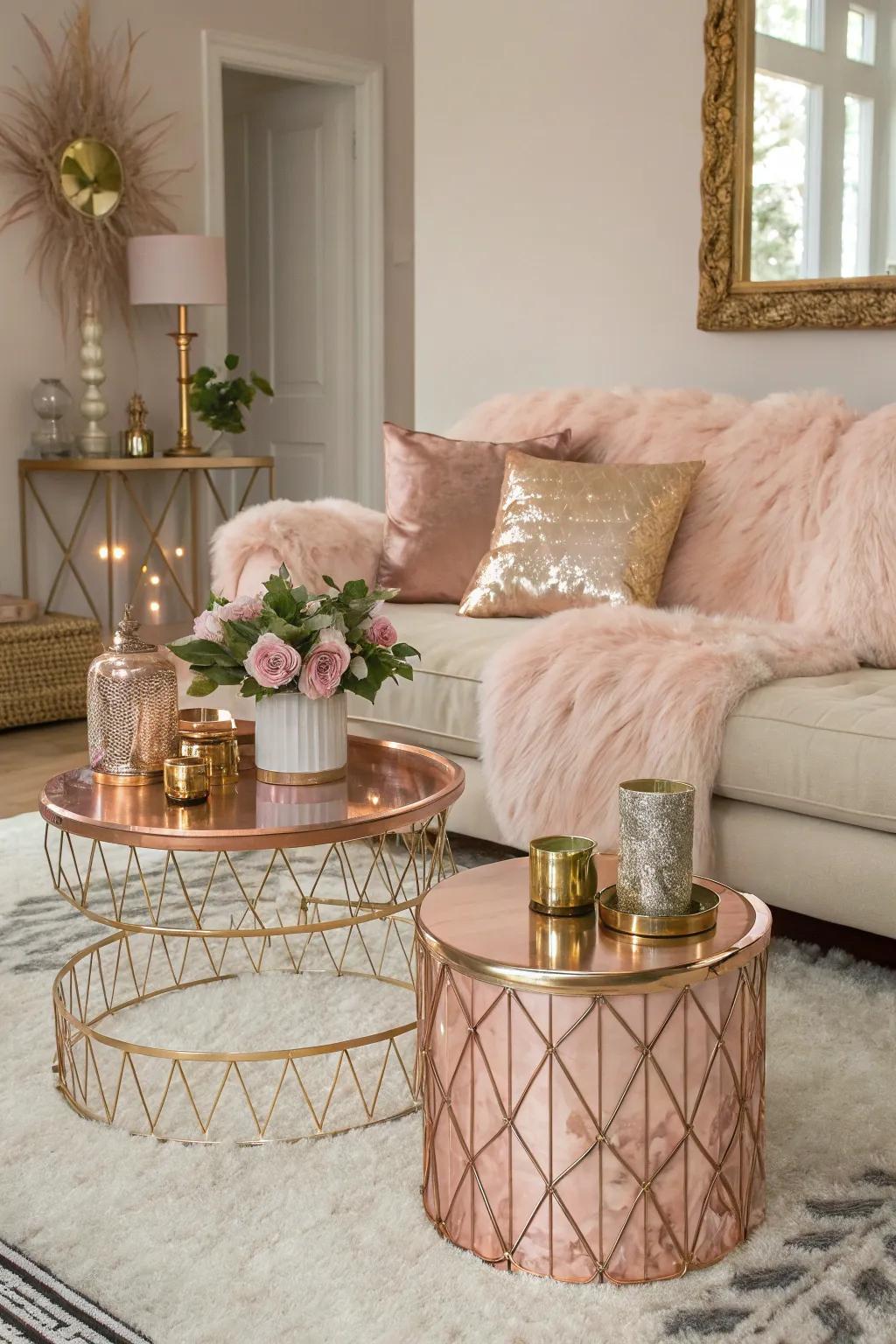 Artificial fur and rose gold metallics establish an opulent combination.