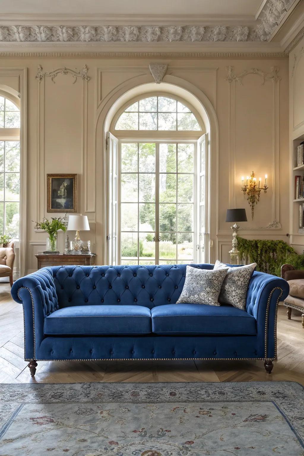 The cobalt settee accentuates the room's architectural attributes beautifully.
