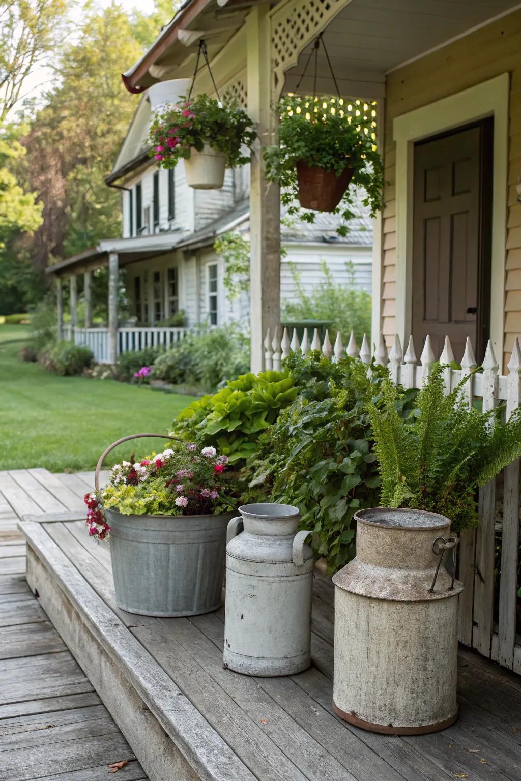Unique plant stands add a quirky touch to your porch.