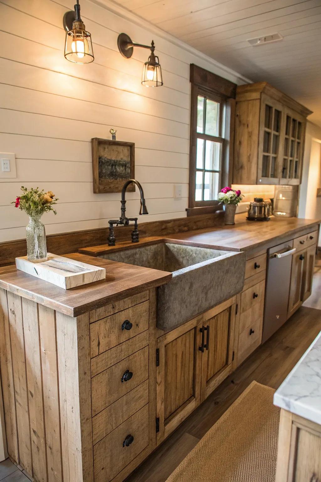 A farmhouse-style cooking space hub displaying panel paneling for added texture.