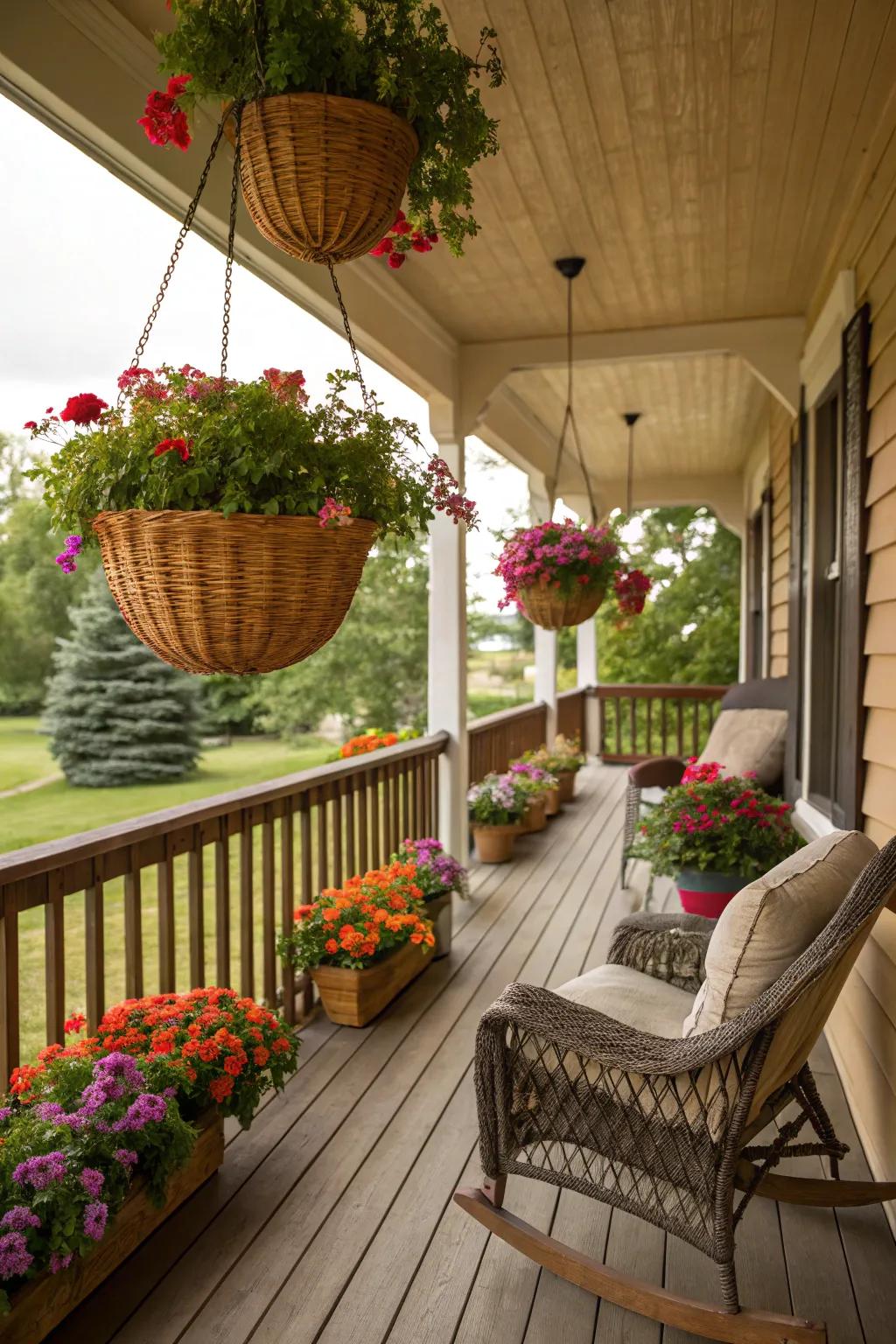 Hanging wicker baskets add elegance and whimsy to a rustic porch.