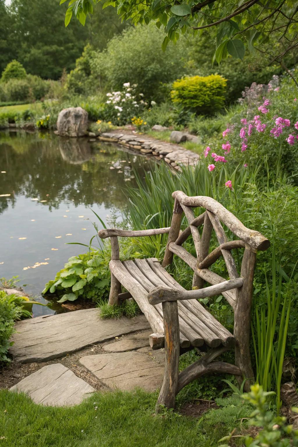 A garden bench made with driftwood, exuding coastal charm.