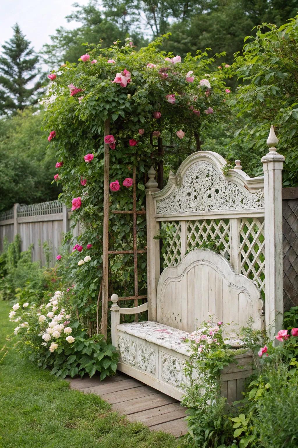 An antique headboard repurposed as a garden trellis.