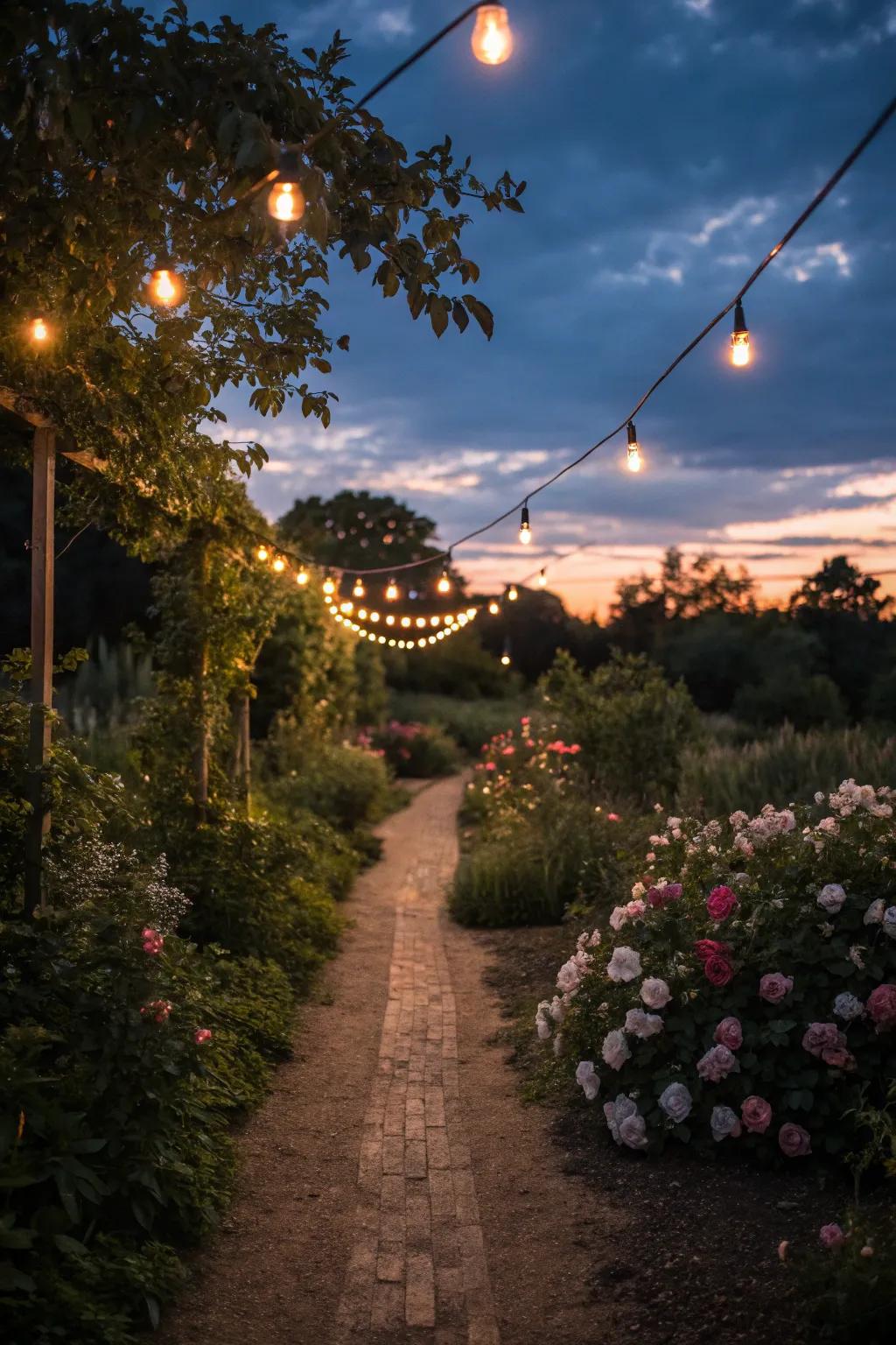 Rustic lighting creating a warm evening ambiance.