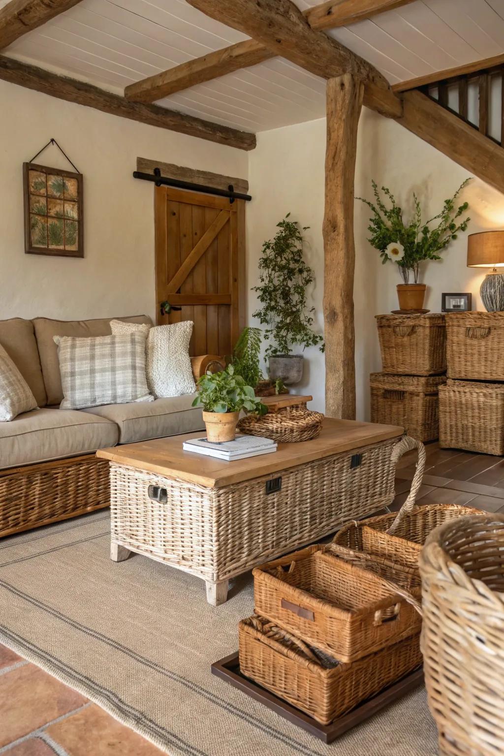 Wicker baskets enhance the rural aesthetic with functional storage.