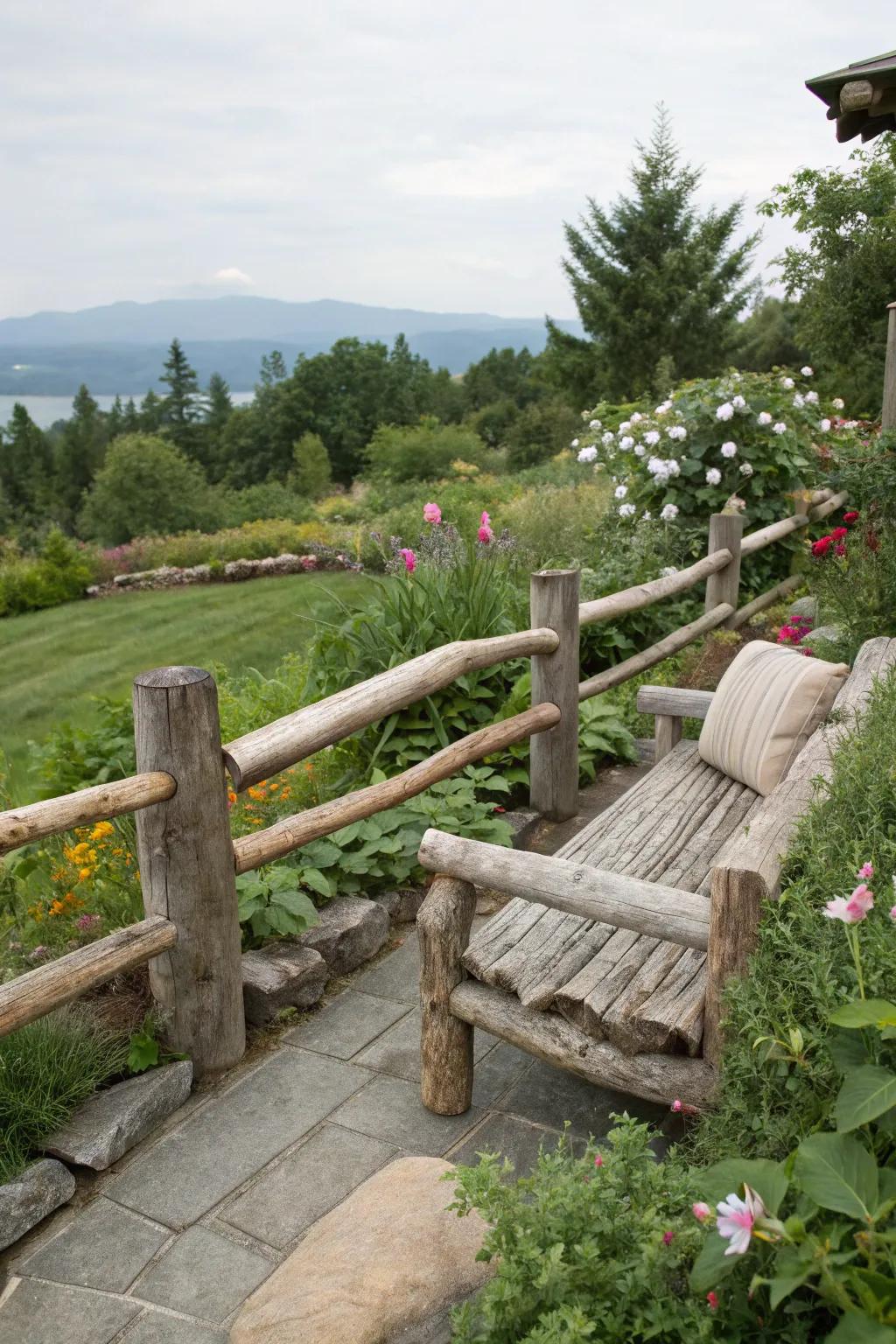 A seating space integrated into a log fence presents a serene vantage point for garden observation.