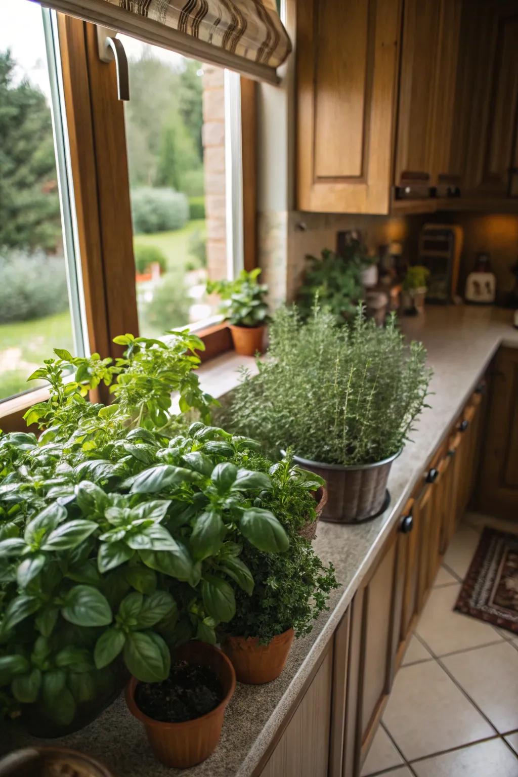 Herb garden windows bring nature indoors and enhance the kitchen's charm.