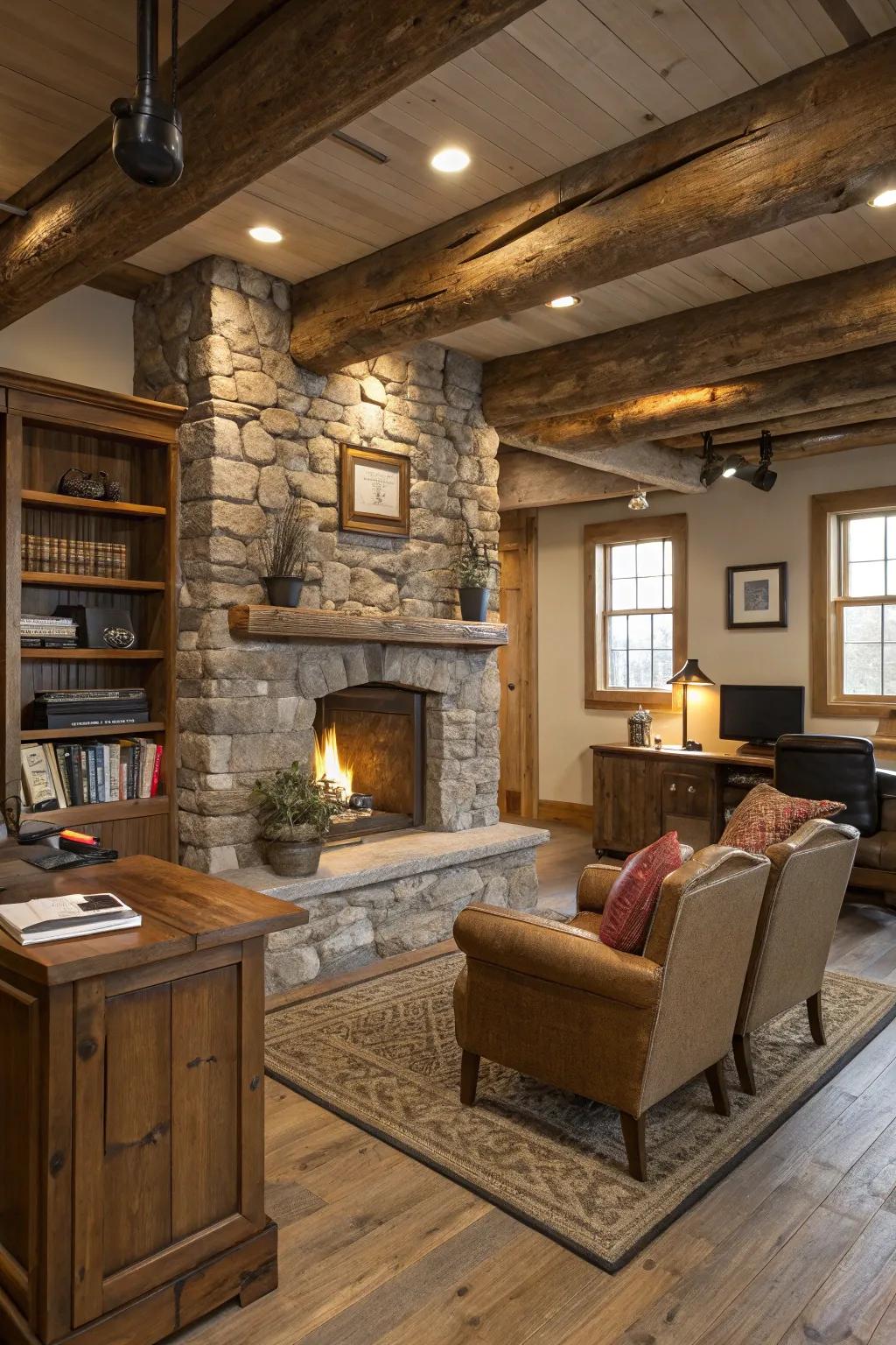 A rustic fireplace adds charm and warmth to an office.