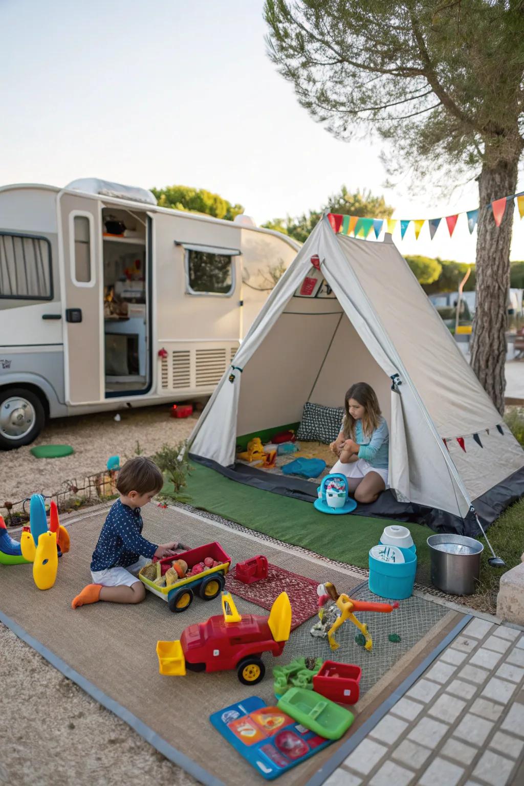 A play area keeps kids amused and happy.