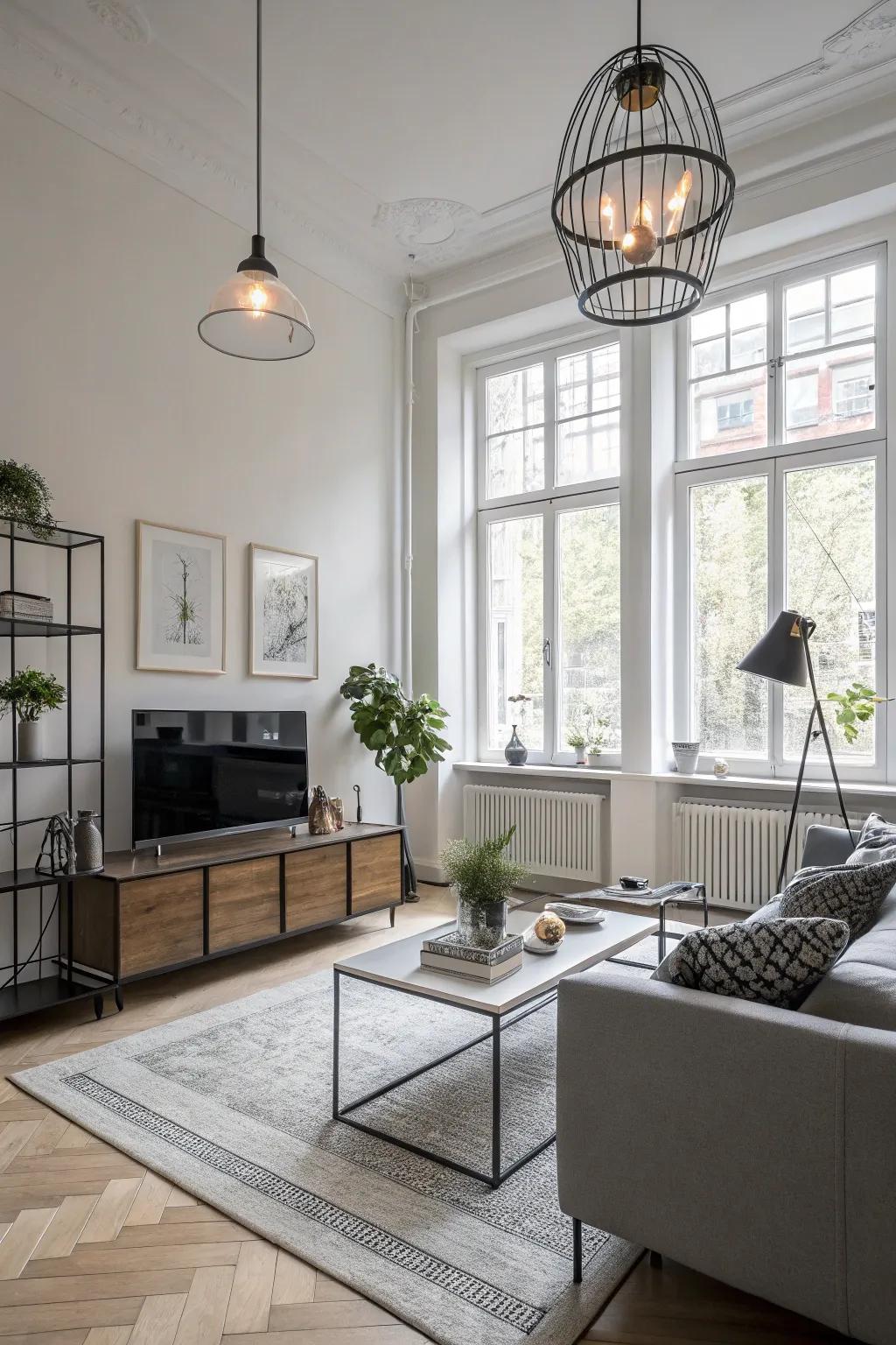 Metal accents add a modern touch to the Scandinavian living room.