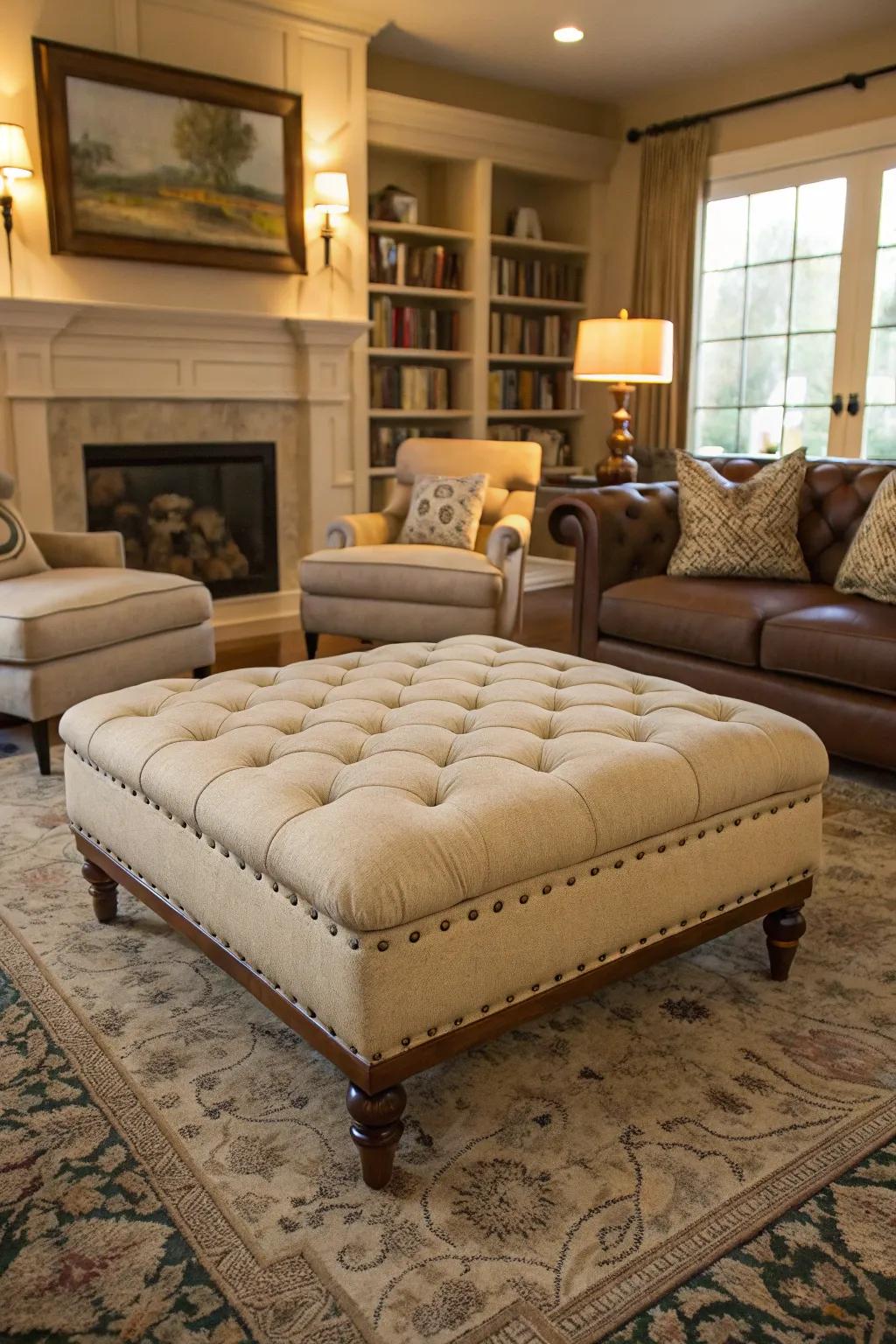 A tufted ottoman adds softness and multifunctionality.