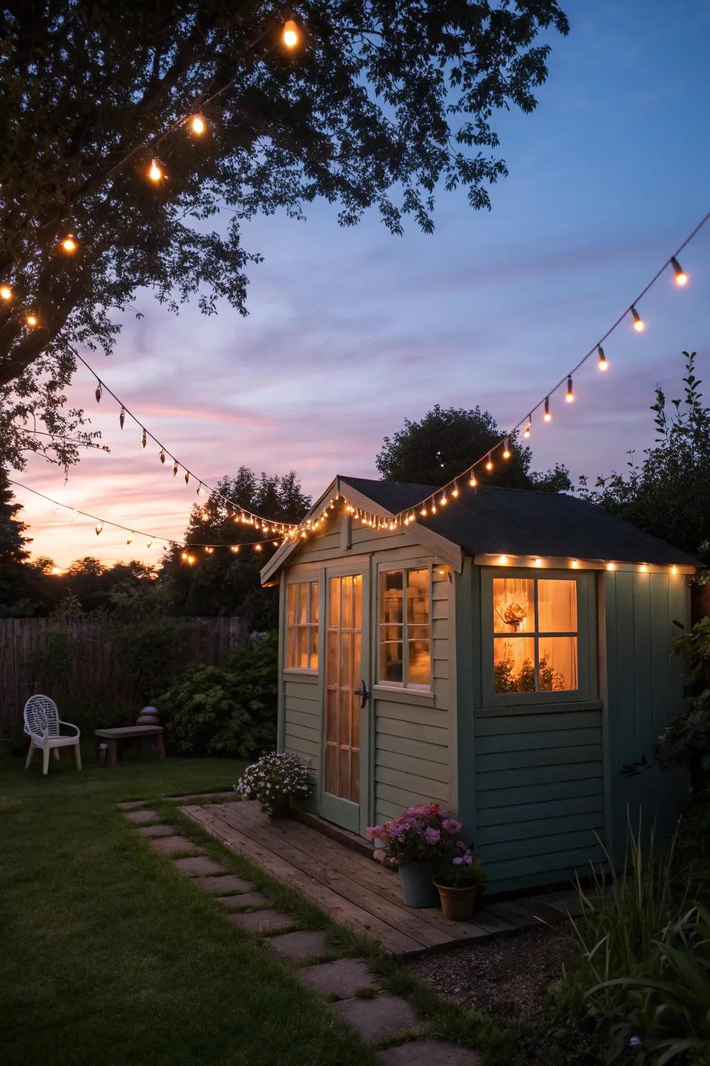 Twinkle lights cultivate a magical night ambiance.