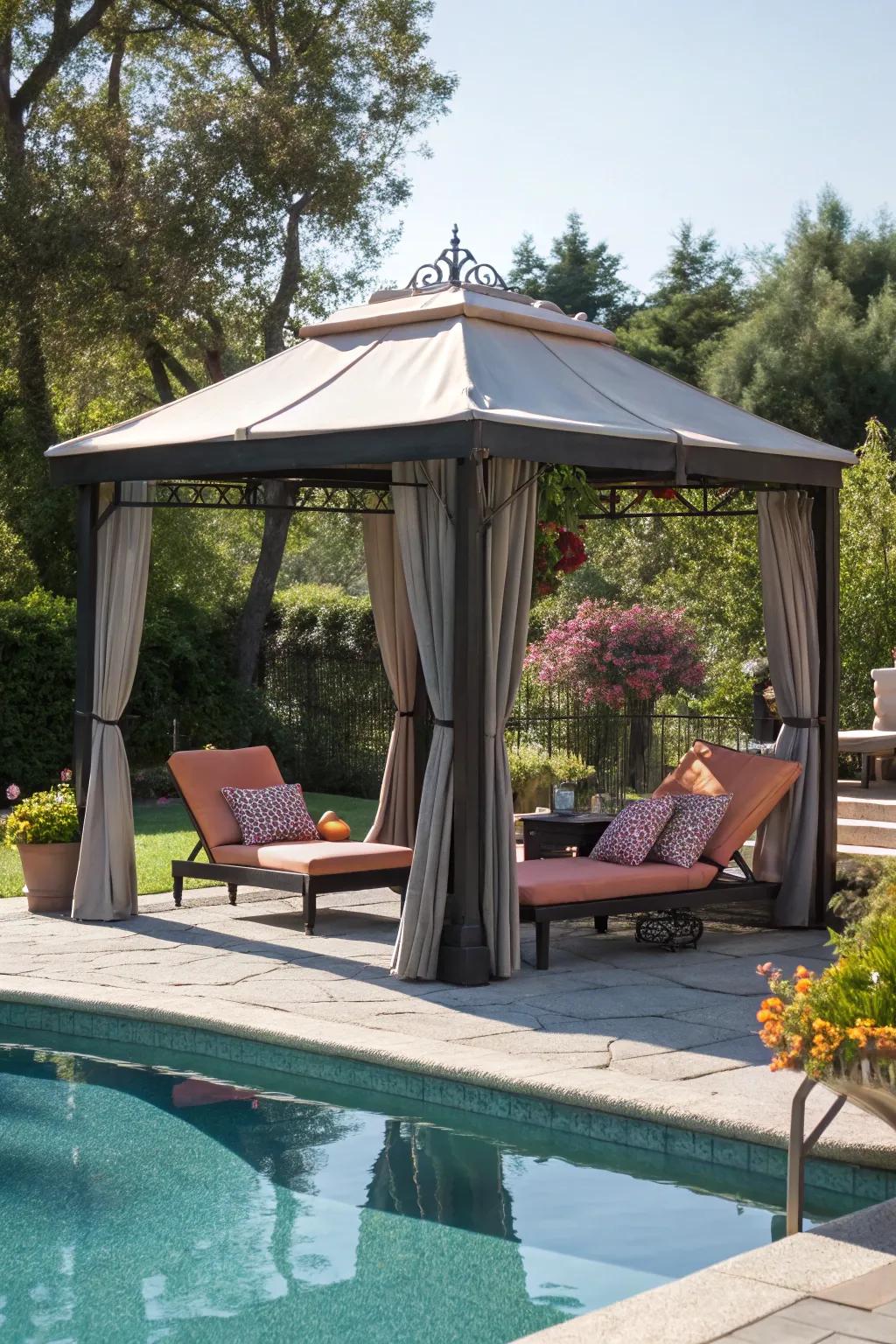 Unwind in style using a poolside gazebo retreat.