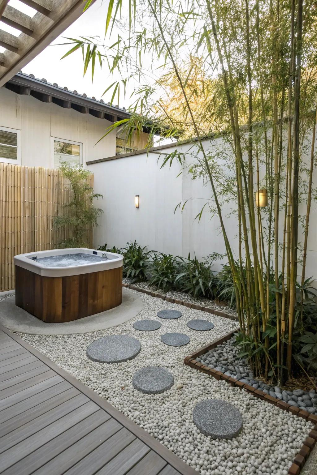 A Zen garden spa area with gravel and bamboo accents for meditation.