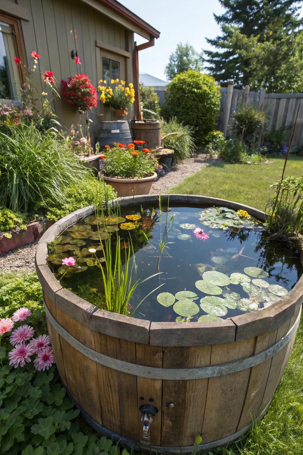 A barrel pond offers rustic charm and pairs well with wooden elements.