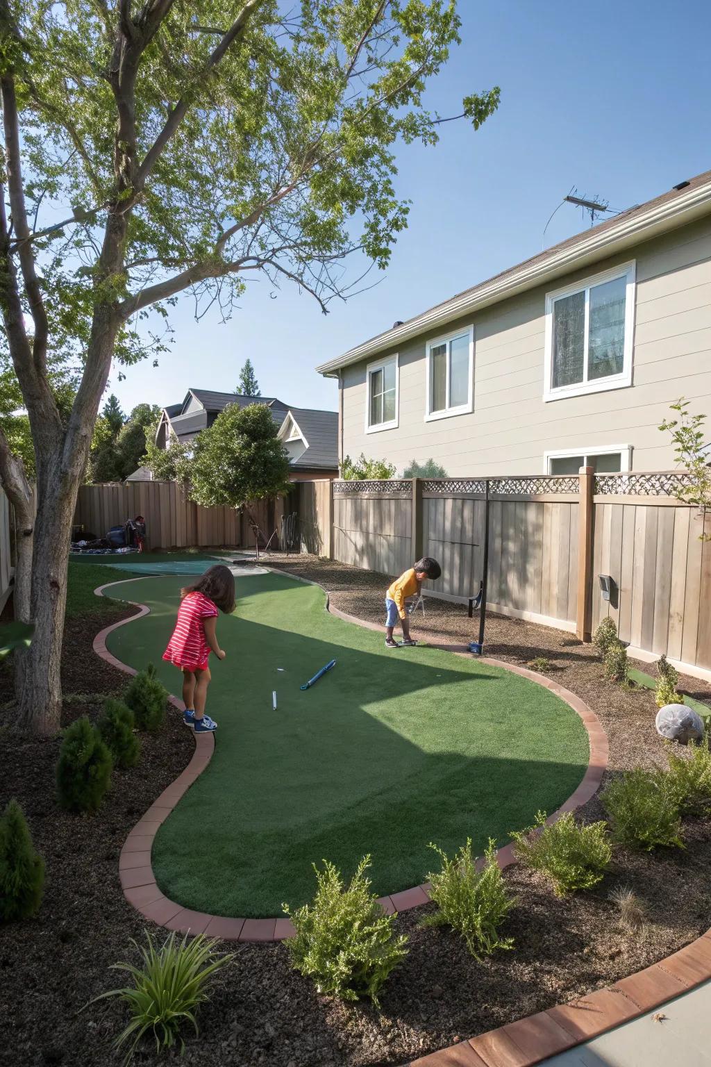 A putting green that doubles as a versatile family recreational zone.