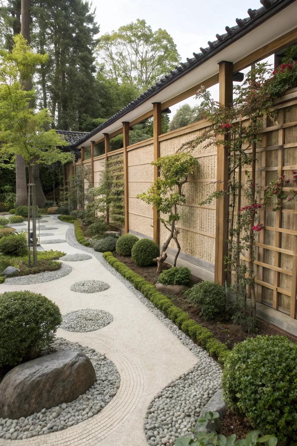 Trellises and climbing plants add height and upward appeal to a zen garden.