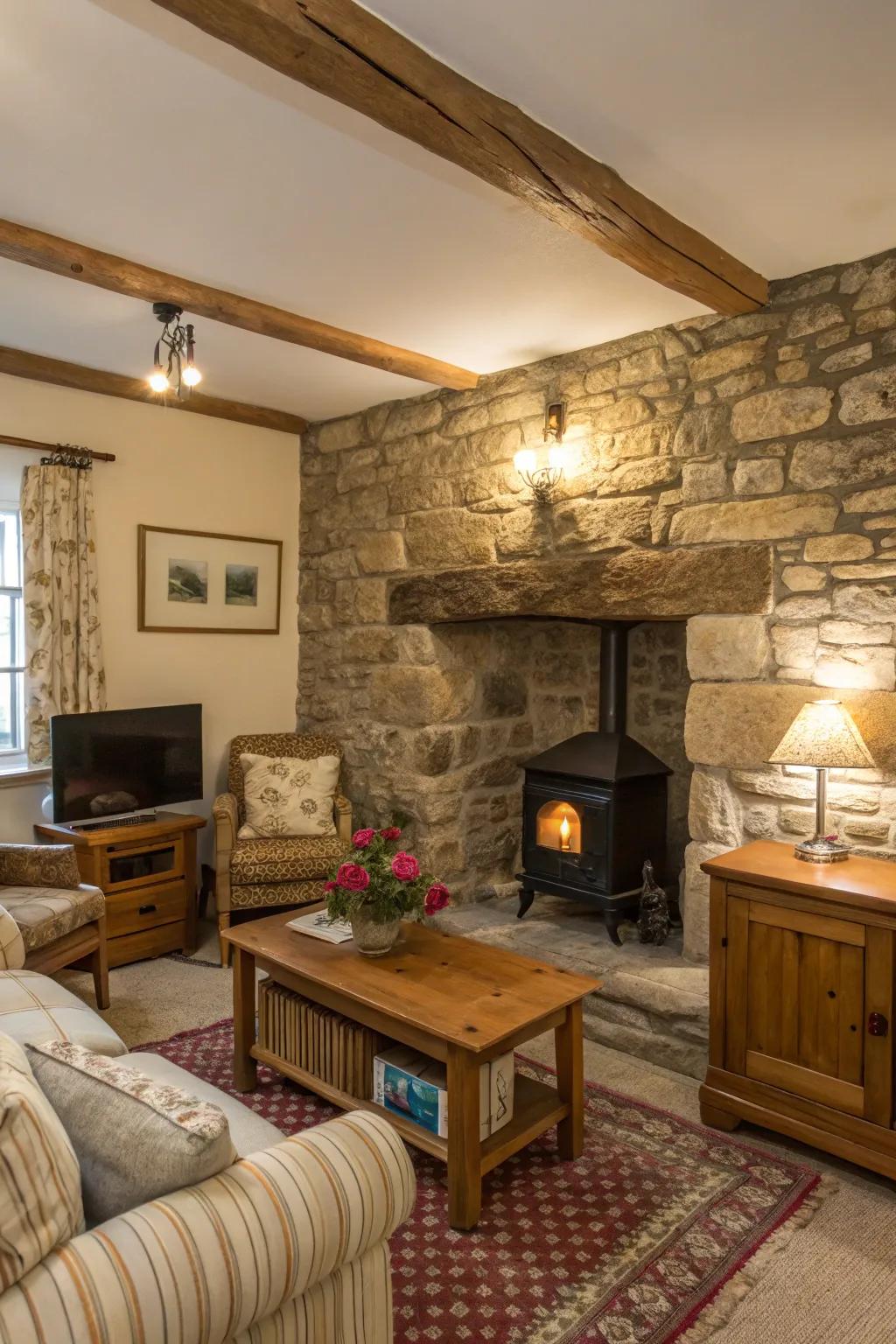 A stone wall feature adds a rugged charm to this cottage living room.