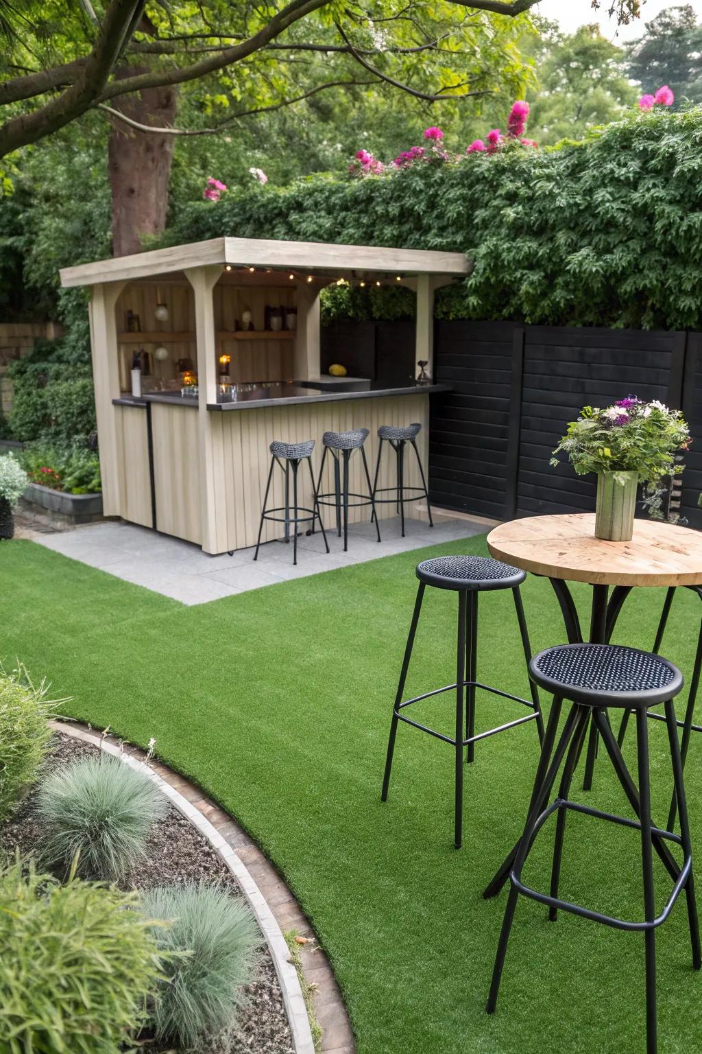 A spirited garden bar locale showcasing artificial turf.