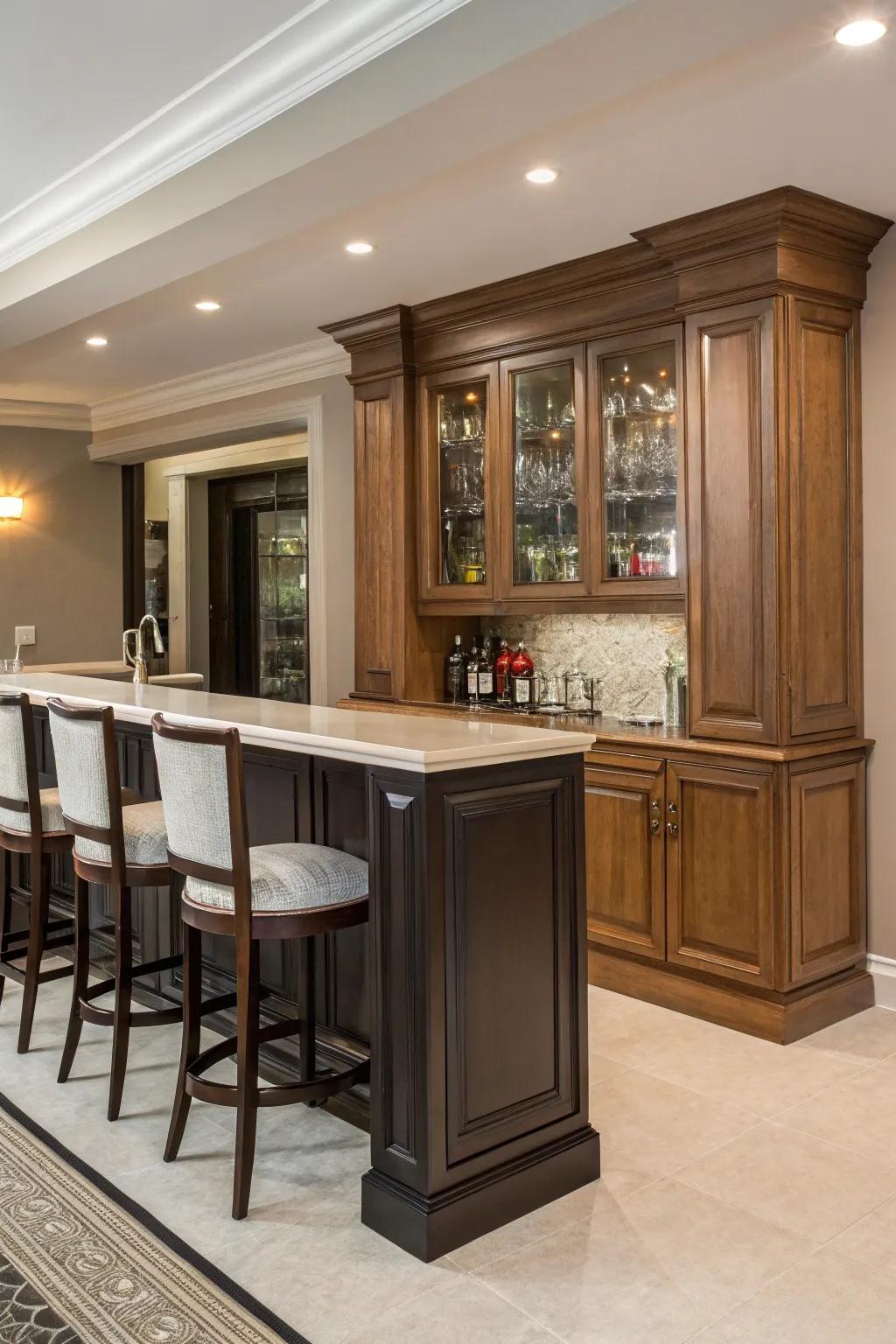 Your home bar will have more depth and style with two-tone cabinetry.