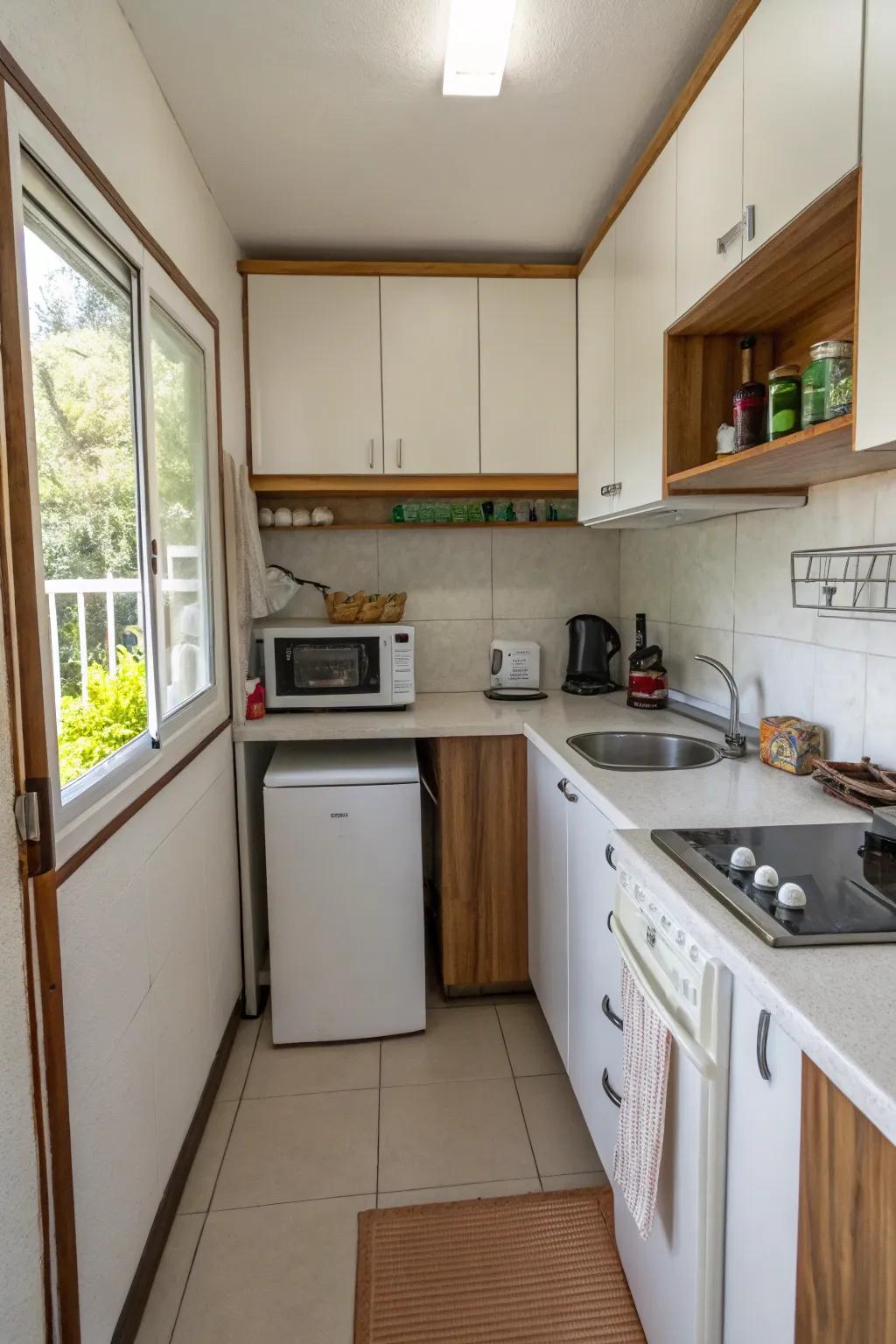 A compact kitchen layout uses space-saving appliances in a small home.